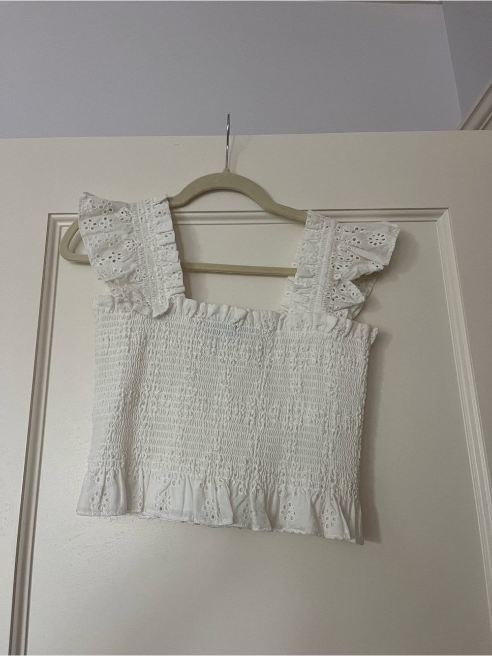 Hill House White Smocked Eyelet Ruffle Crop Top